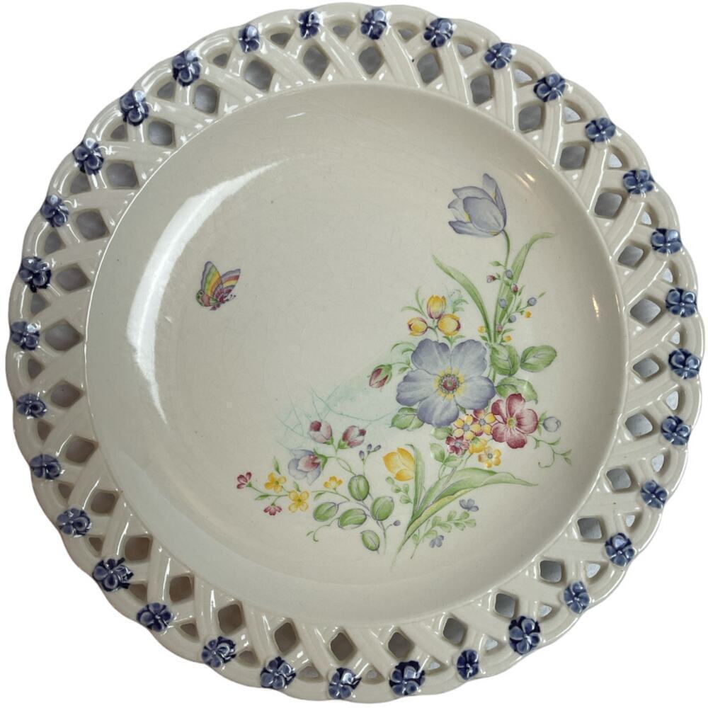 12" Ivory Floral Serving Plate Reticulated Edges French Country Made In Japan